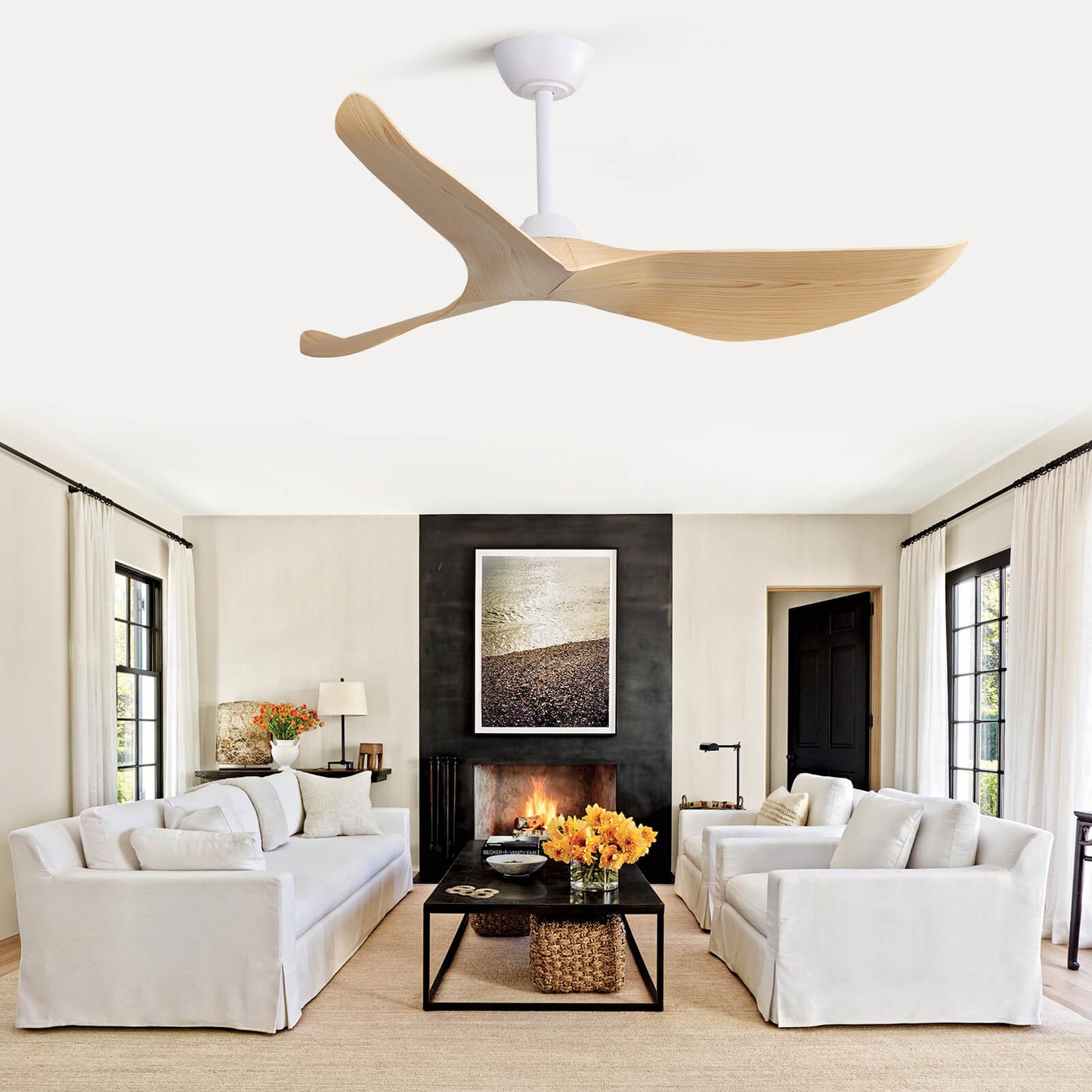 Sofucor KBS-52K037 52" Ceiling Fan No Light With Remote 3 Curved ABS Blades