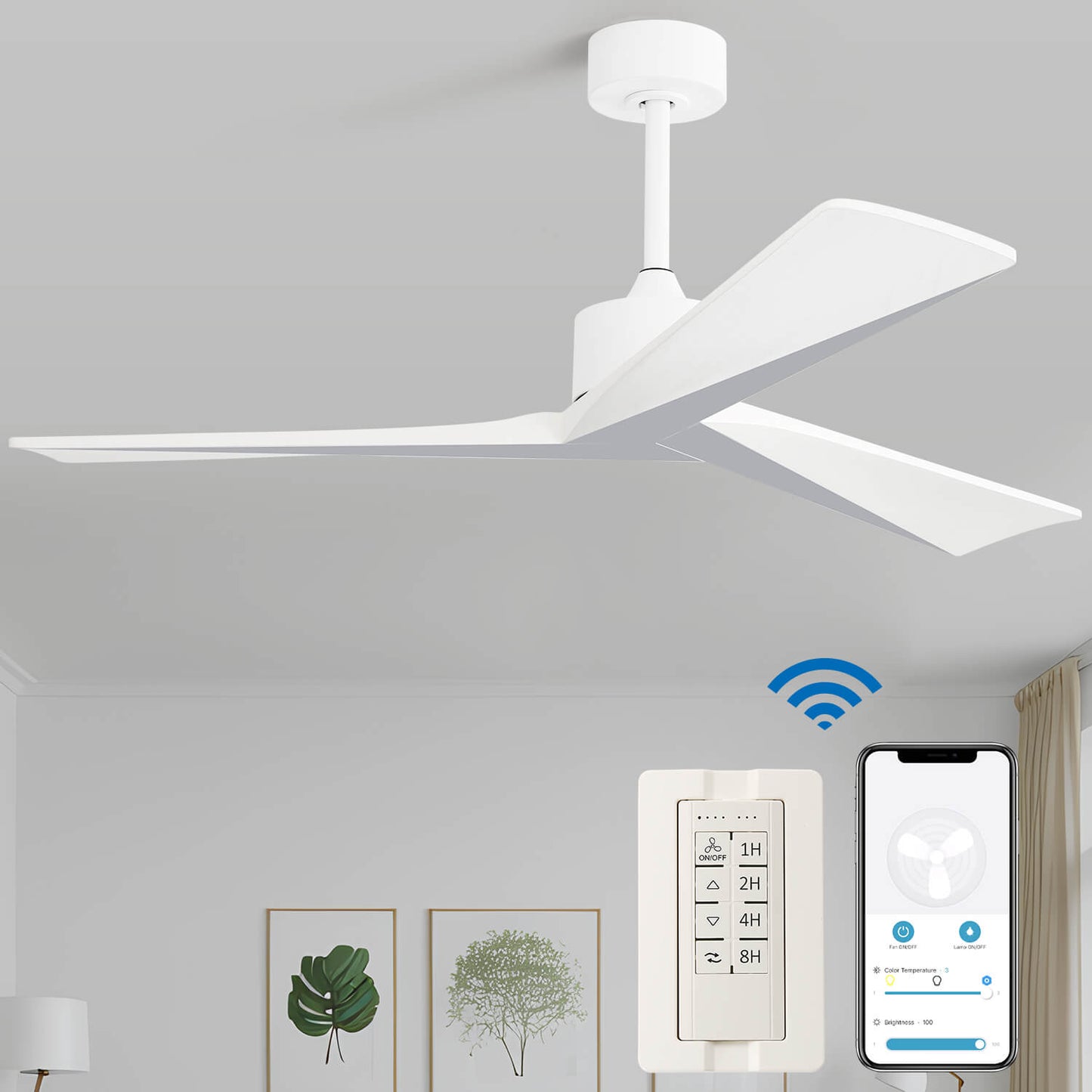 Sofucor KBS-52K068 52" Smart Wood Ceiling Fan No Light With Remote Works With WIFI/Bluetooth