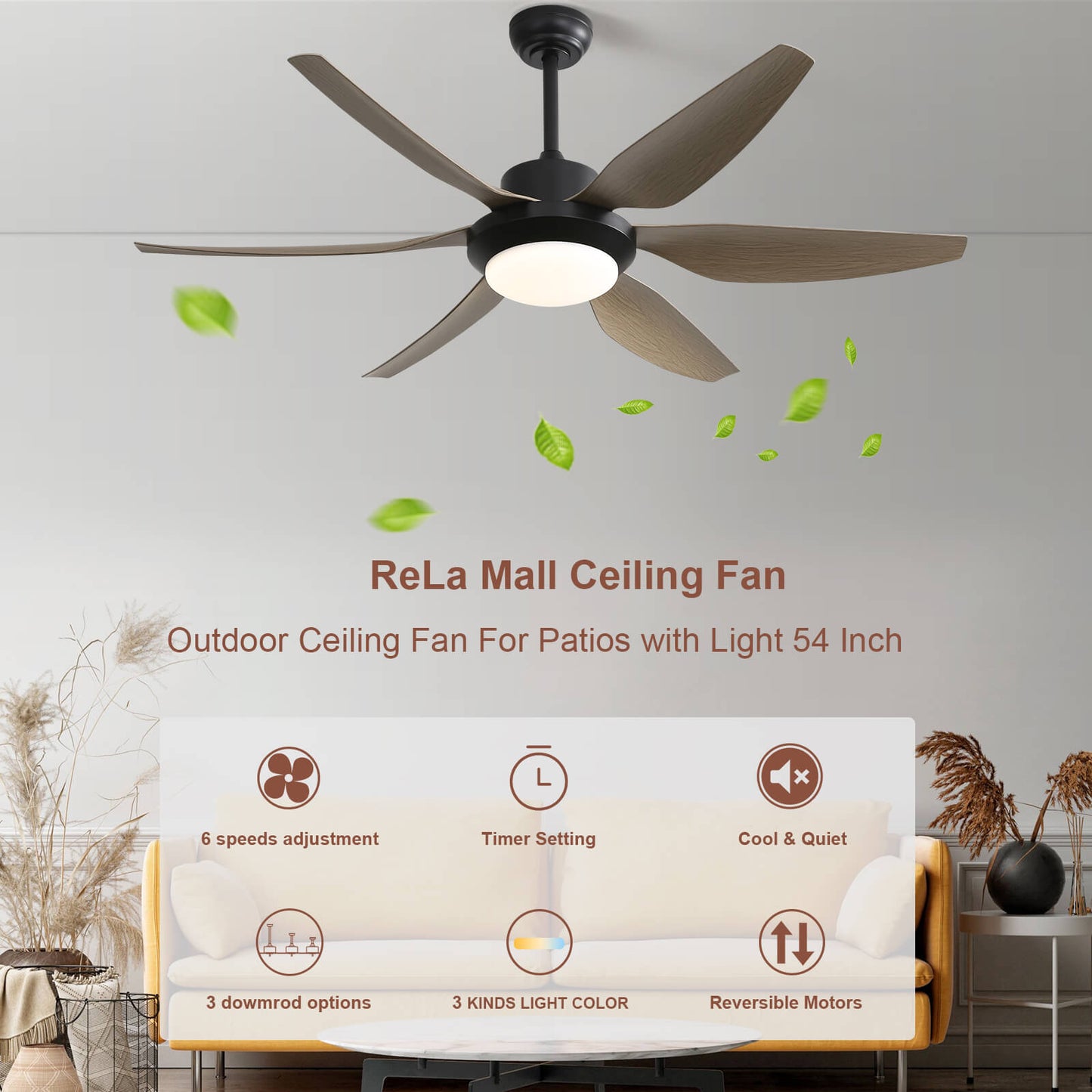Sofucor 54 Inch 6 ABS Blades Ceiling Fan With Light Remote Contrtol