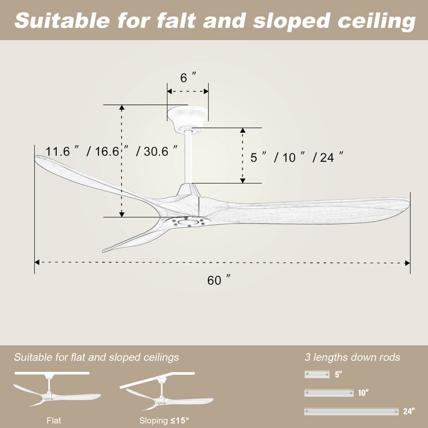 Sofucor KBS-6004 60 Inch Ceiling Fan No Light With Remote