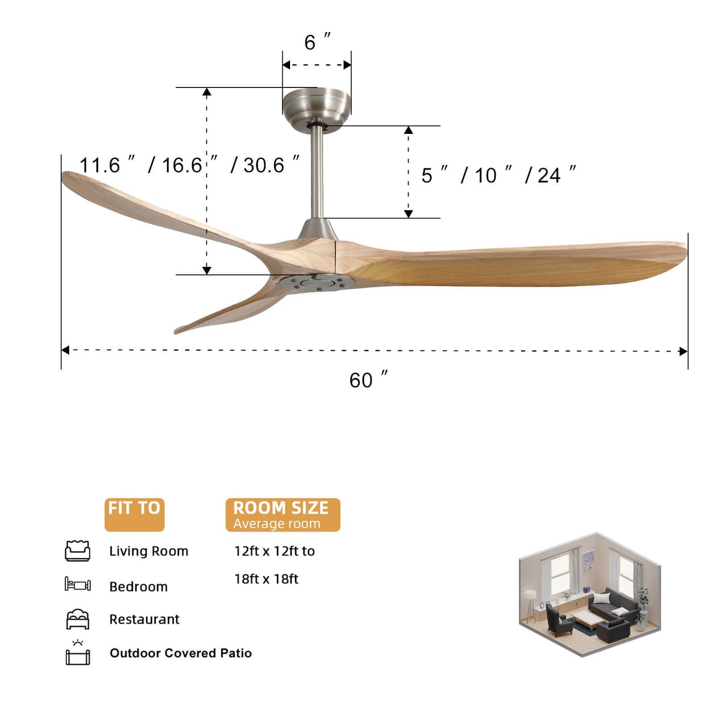 Sofucor KBS-6004 60 Inch Ceiling Fan No Light With Remote