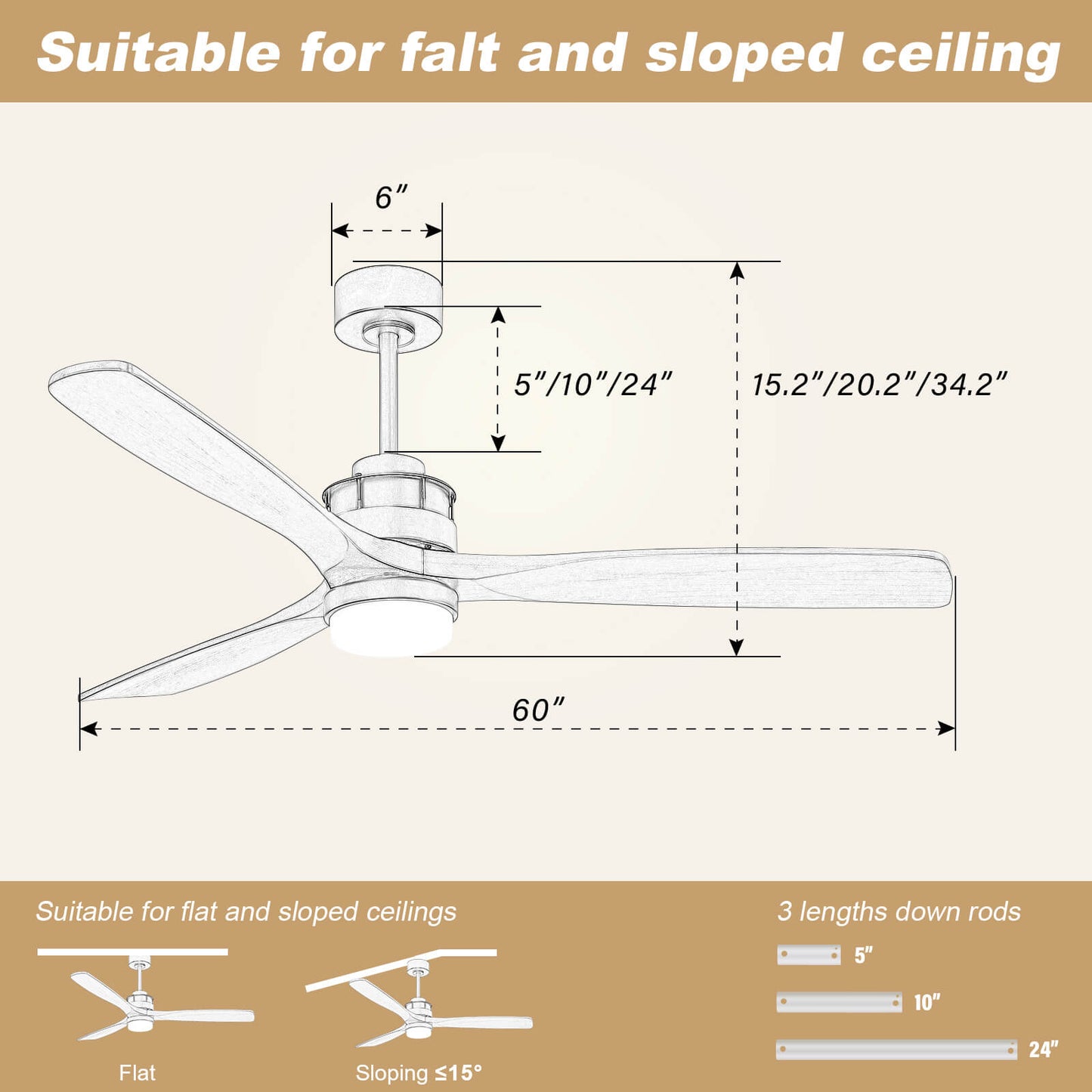 Sofucor KBS-6005 60 Inch Ceiling Fan With Light Remote