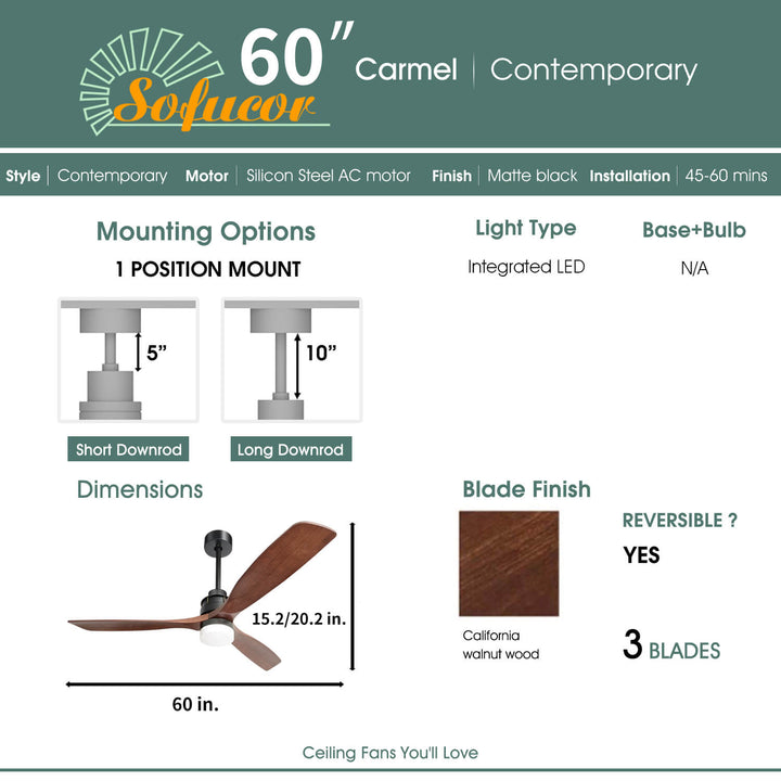 Sofucor 3-Blades 60'' Ceiling Fan With Light Remote Control DC Motor