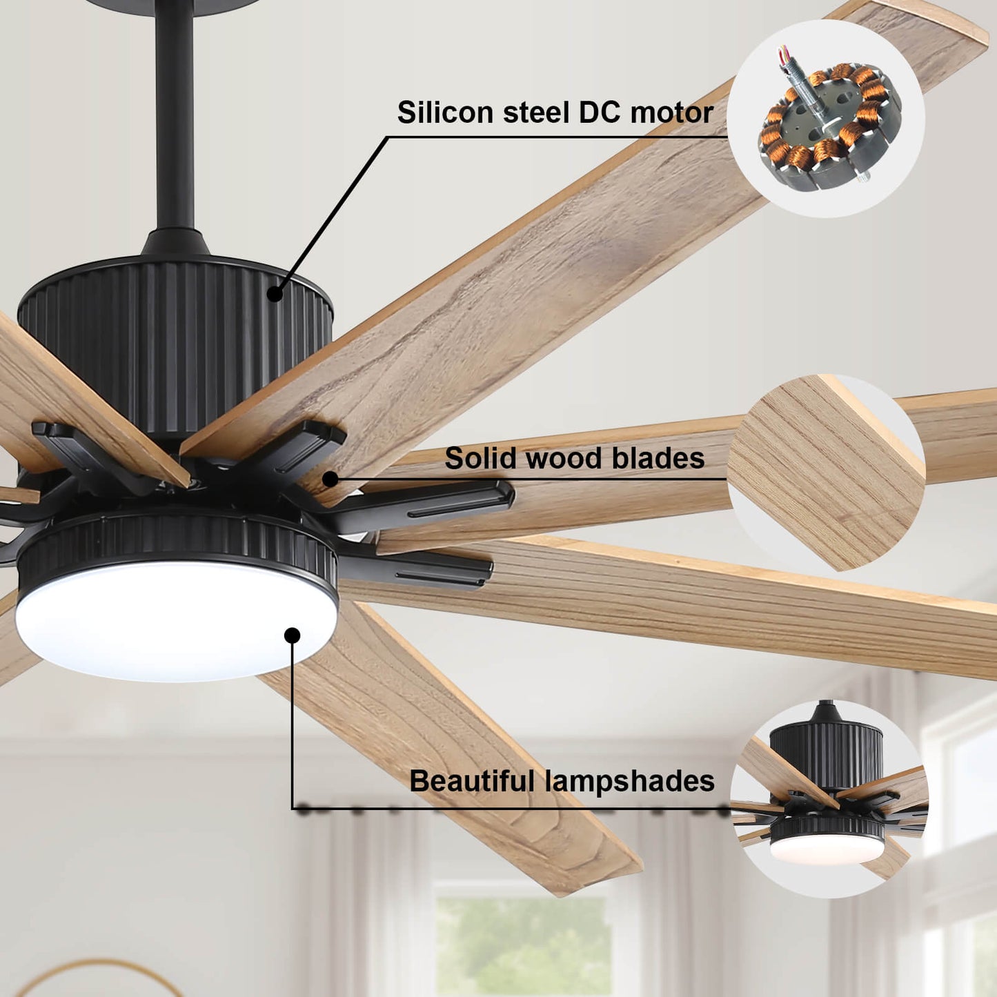 Sofucor 76'' Smart Ceiling Fan With Light Remote 8 Wood Blades Works With Phone