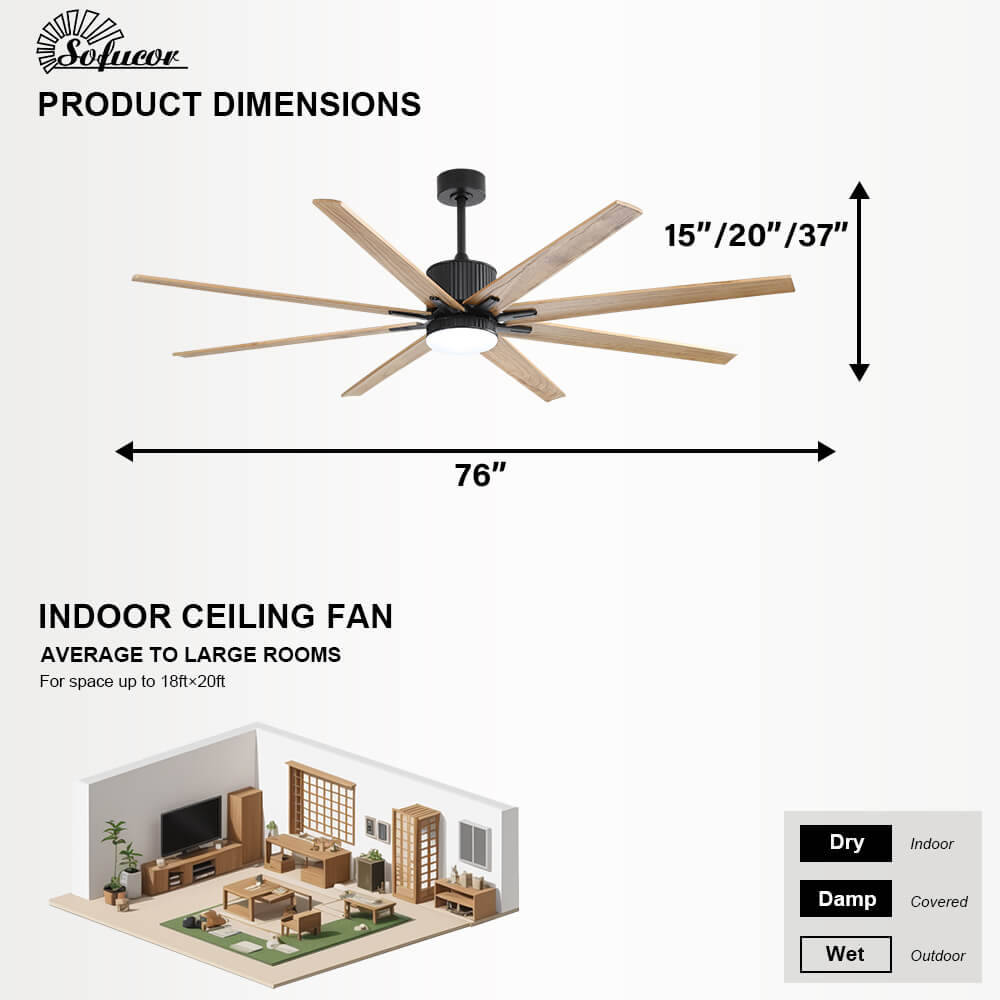 Sofucor 76'' Smart Ceiling Fan With Light Remote 8 Wood Blades Works With Phone