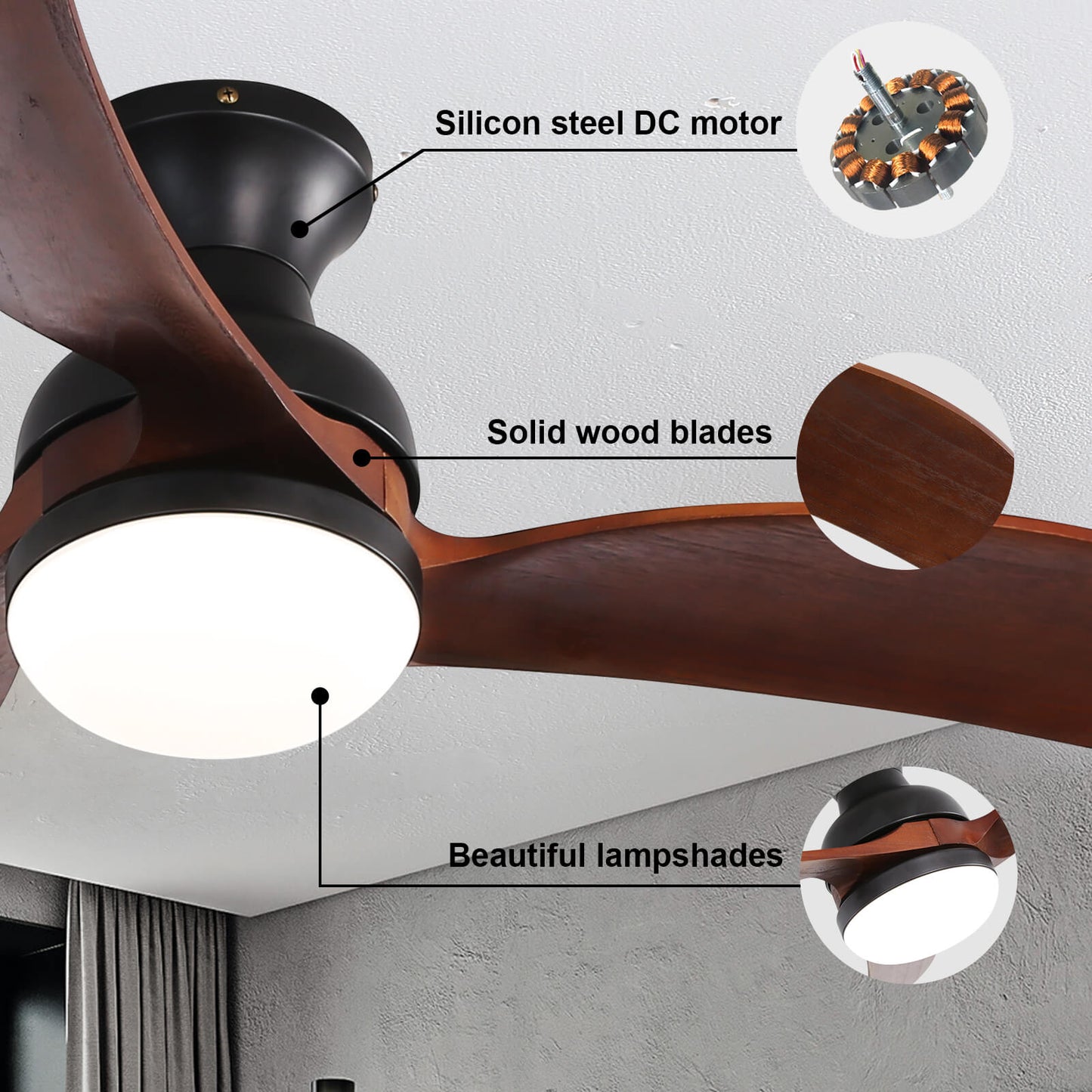 Sofucor KBS-52K034 52 Inch Low Profile Flushmount Smart Ceiling Fan With Light Remote