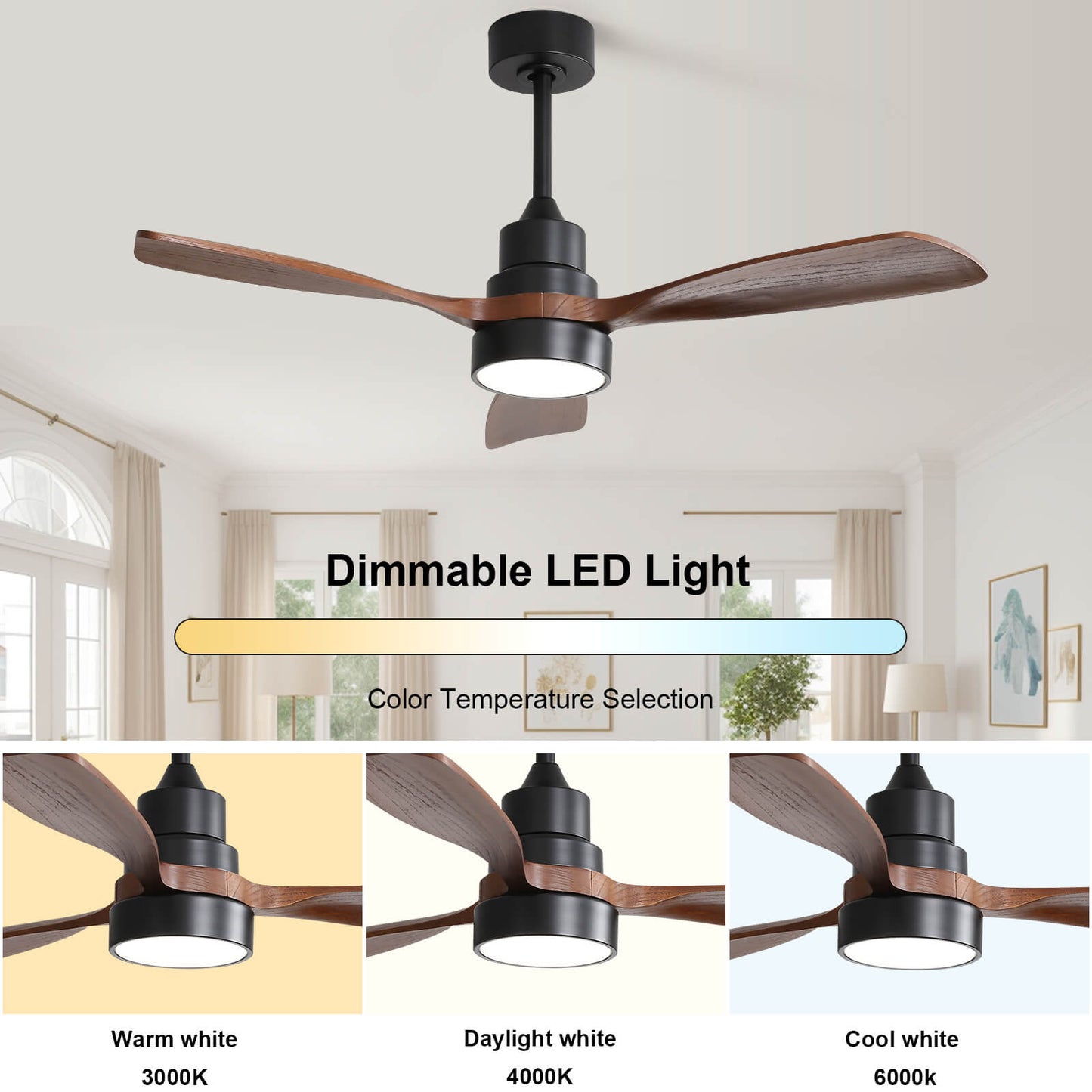 Sofucor KBS-48K006 48'' Ceiling Fan With Light Remote DC Motor 3 Wood Blades