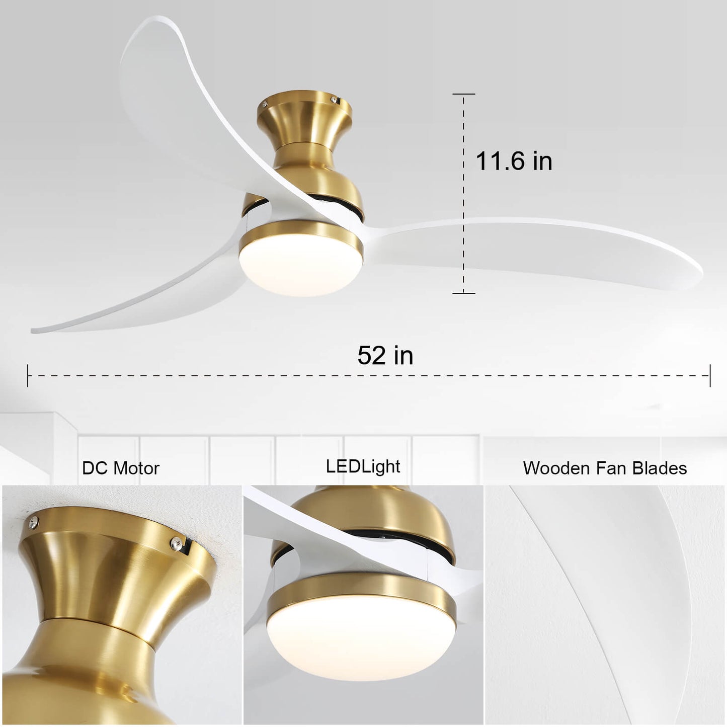 Sofucor KBS-52K034 52 Inch Low Profile Flushmount Smart Ceiling Fan With Light Remote