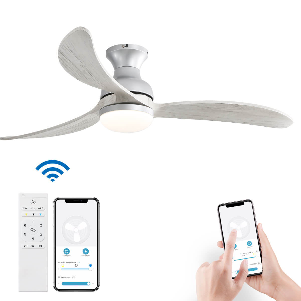 Sofucor KBS-52K034 52 Inch Low Profile Flushmount Smart Ceiling Fan With Light Remote