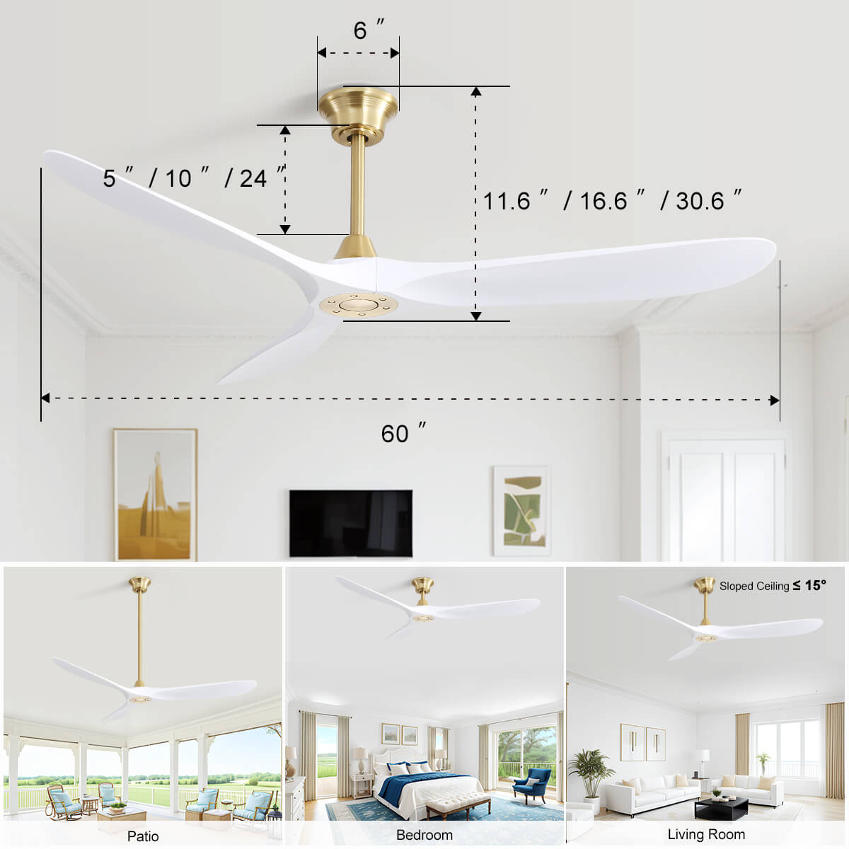 Sofucor 60 Inch Ceiling Fan No Light With Remote 3 ABS Blades