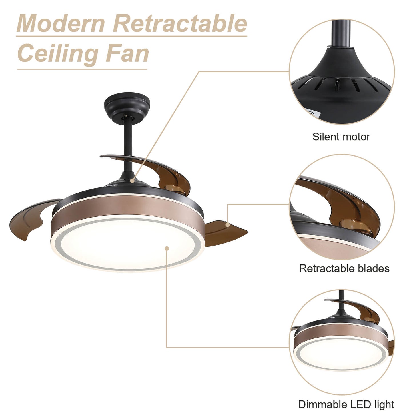 Sofucor 42 Inch Retractable Blades Ceiling Fan With Light Remote