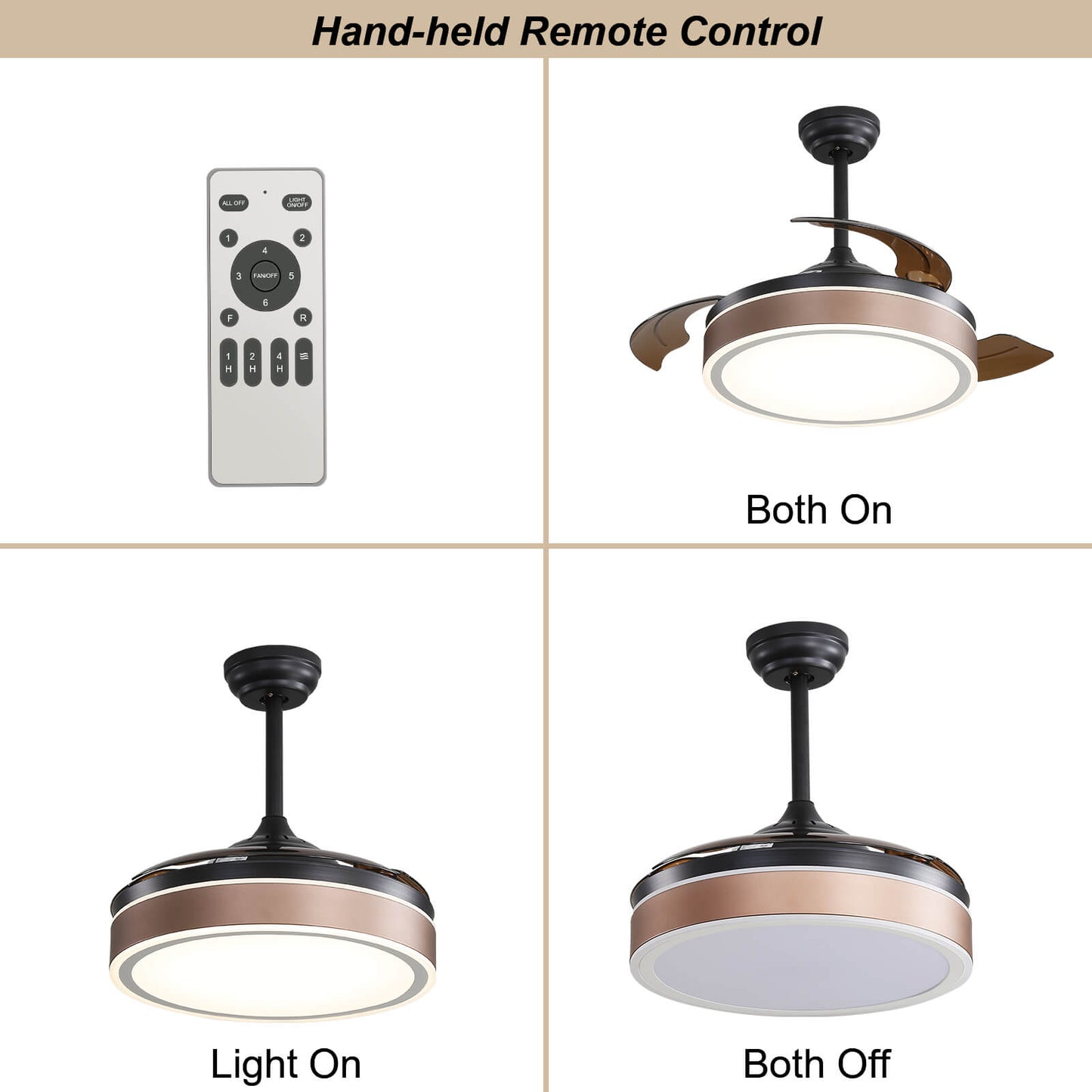 Sofucor 42 Inch Retractable Blades Ceiling Fan With Light Remote