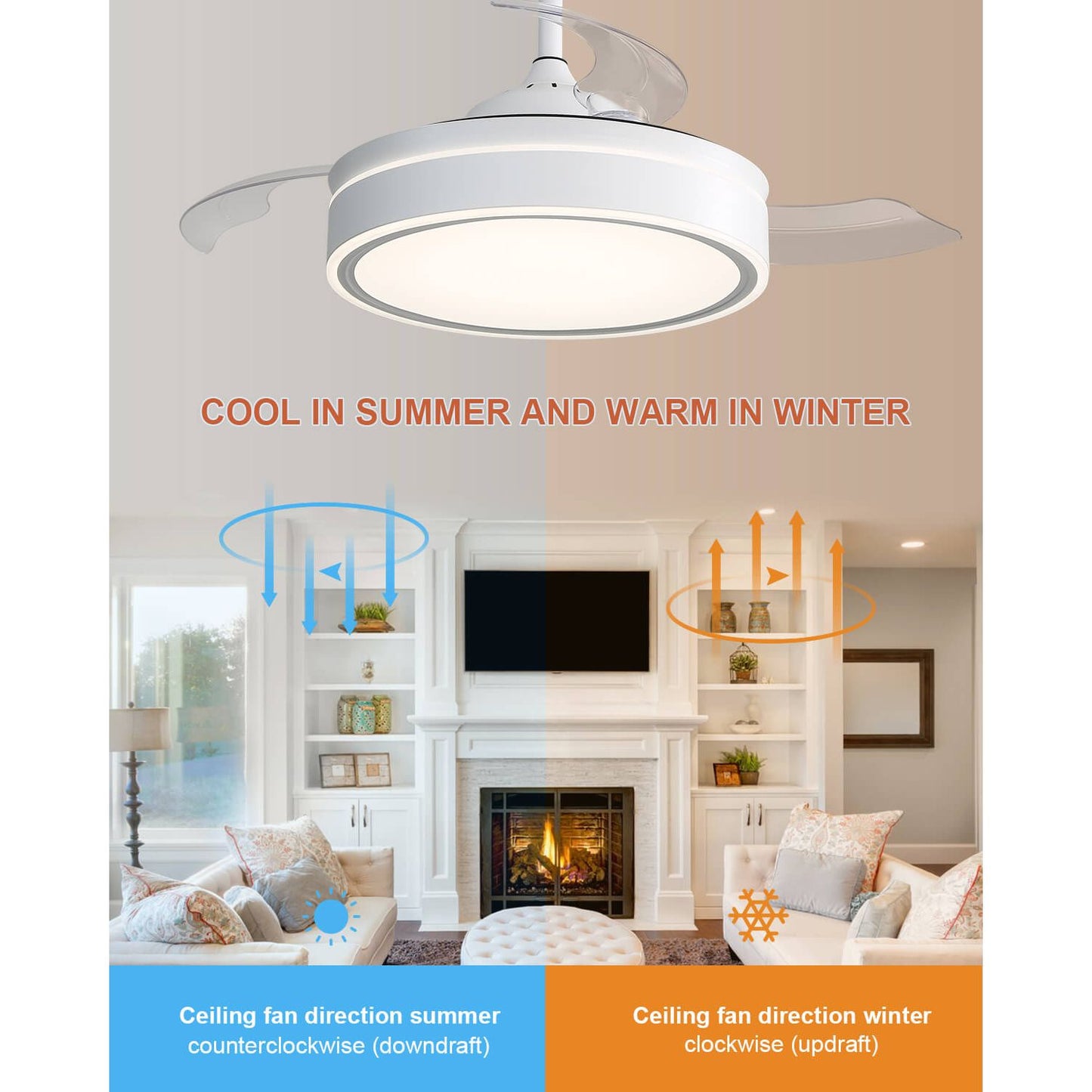 Sofucor 42 Inch Retractable Blades Ceiling Fan With Light Remote