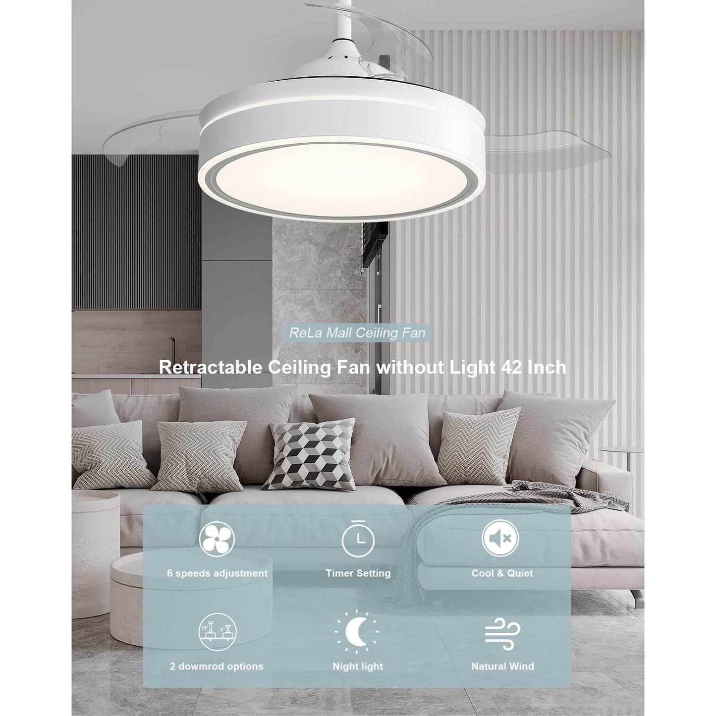 Sofucor 42 Inch Retractable Blades Ceiling Fan With Light Remote