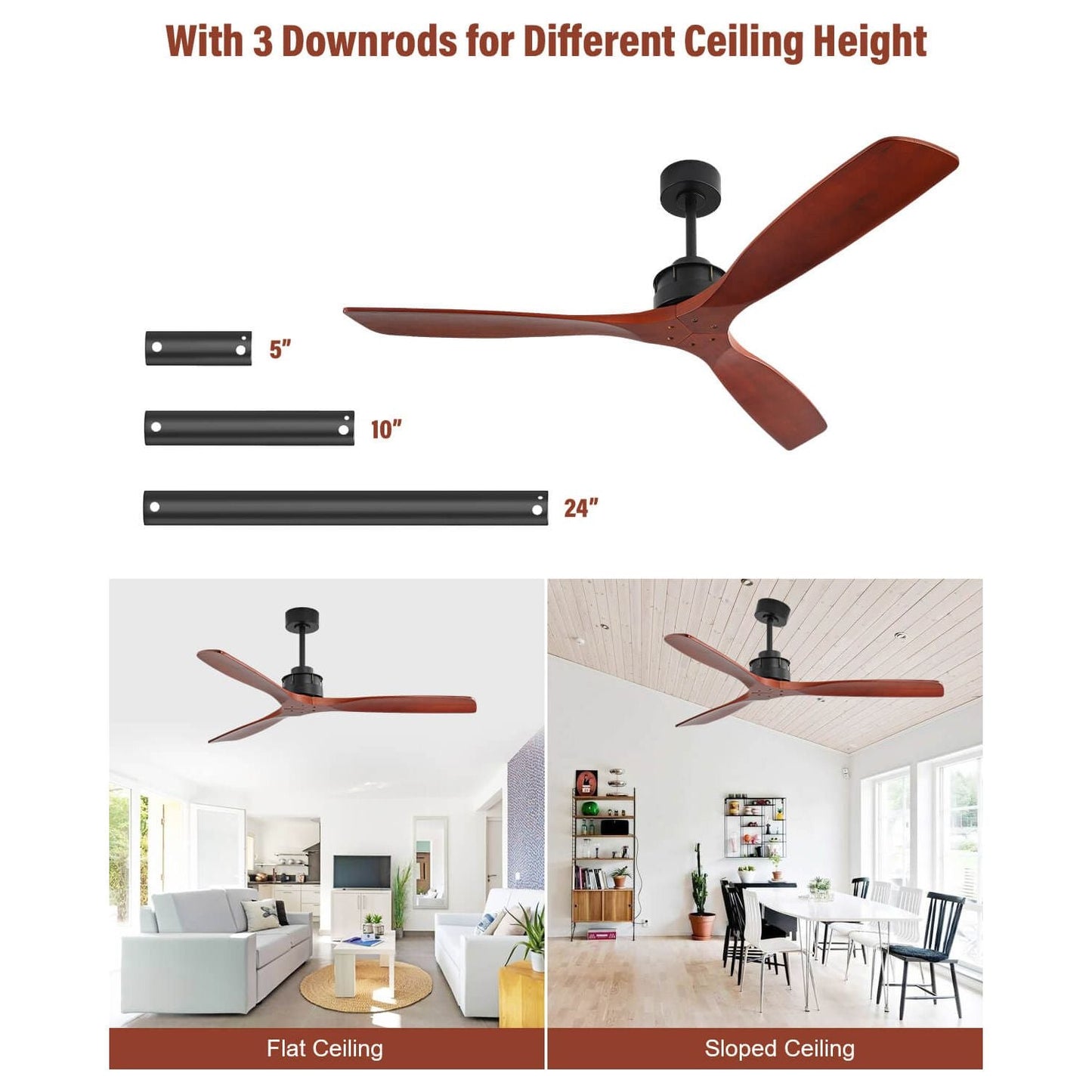 Sofucor KBS-6005-1 60" Wood Ceiling Fan No Light With Remote