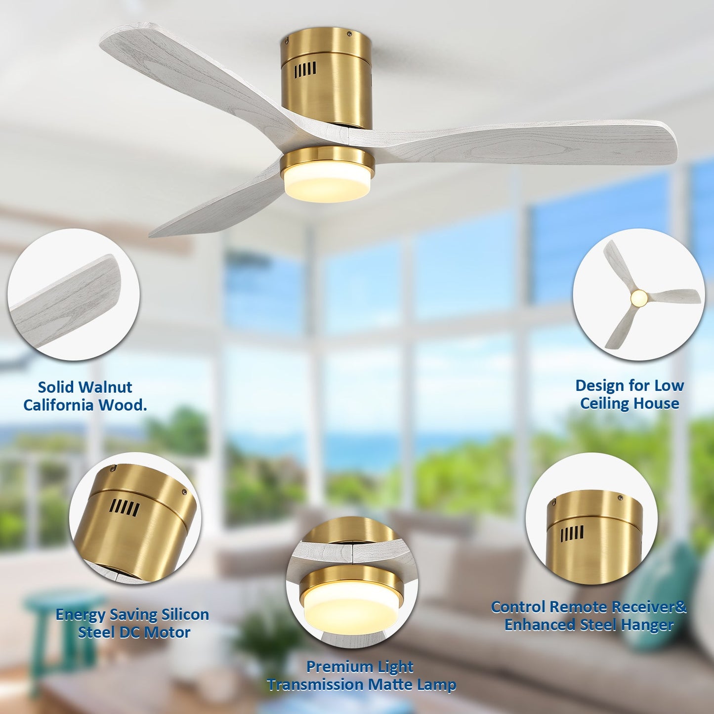 Sofucor 3-Blades 52'' Flush Mount Ceiling Fan With Light Remote Control-18