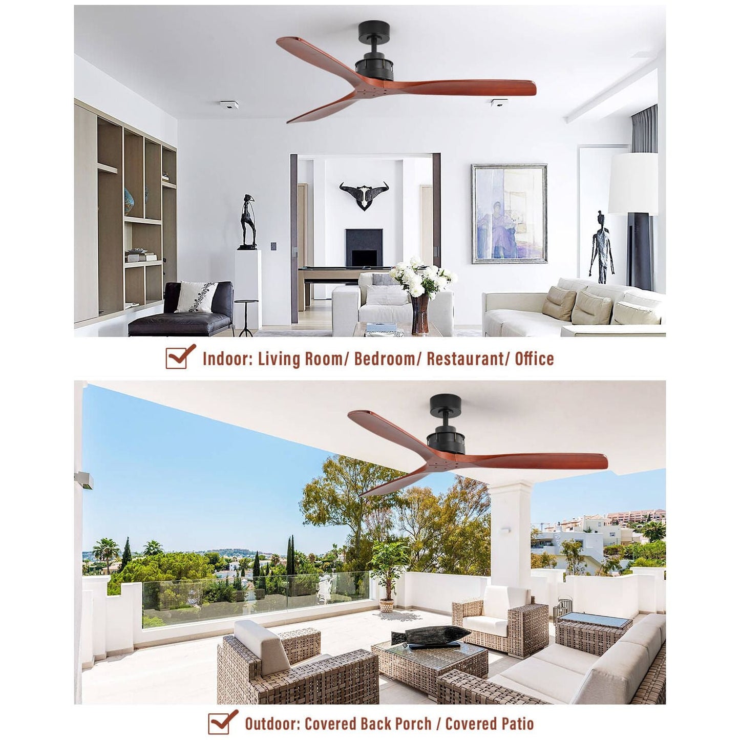 Sofucor KBS-6005-1 60" Wood Ceiling Fan No Light With Remote