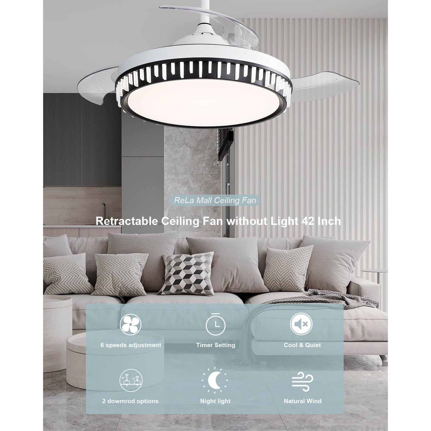 Sofucor 42 Inch Retractable-Blades Ceiling Fan With LED Light Remote Control