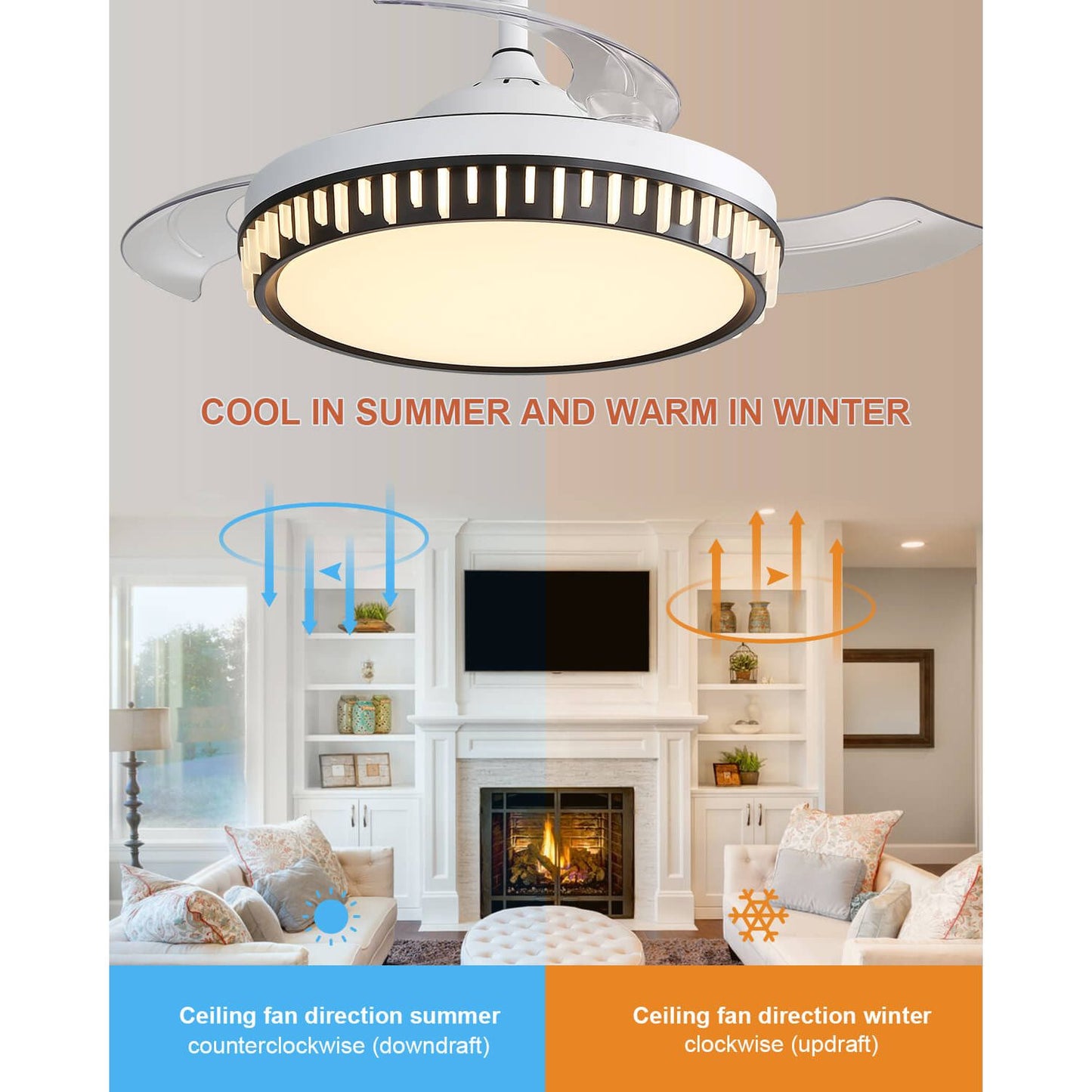 Sofucor 42 Inch Retractable-Blades Ceiling Fan With LED Light Remote Control