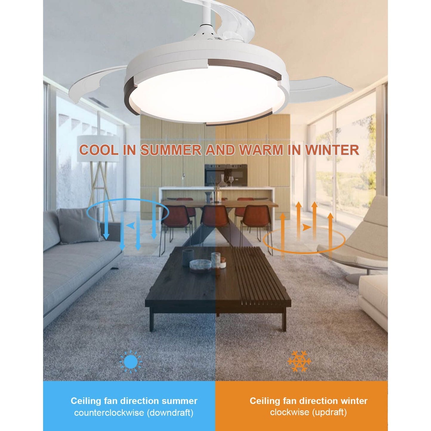 Sofucor 42 Inch Retractable-Blades Ceiling Fan With LED Light Remote Control