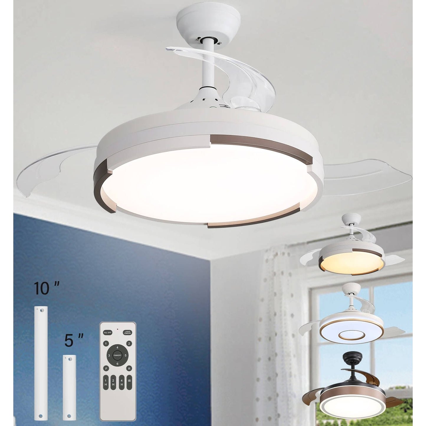 Sofucor 42 Inch Retractable-Blades Ceiling Fan With LED Light Remote Control