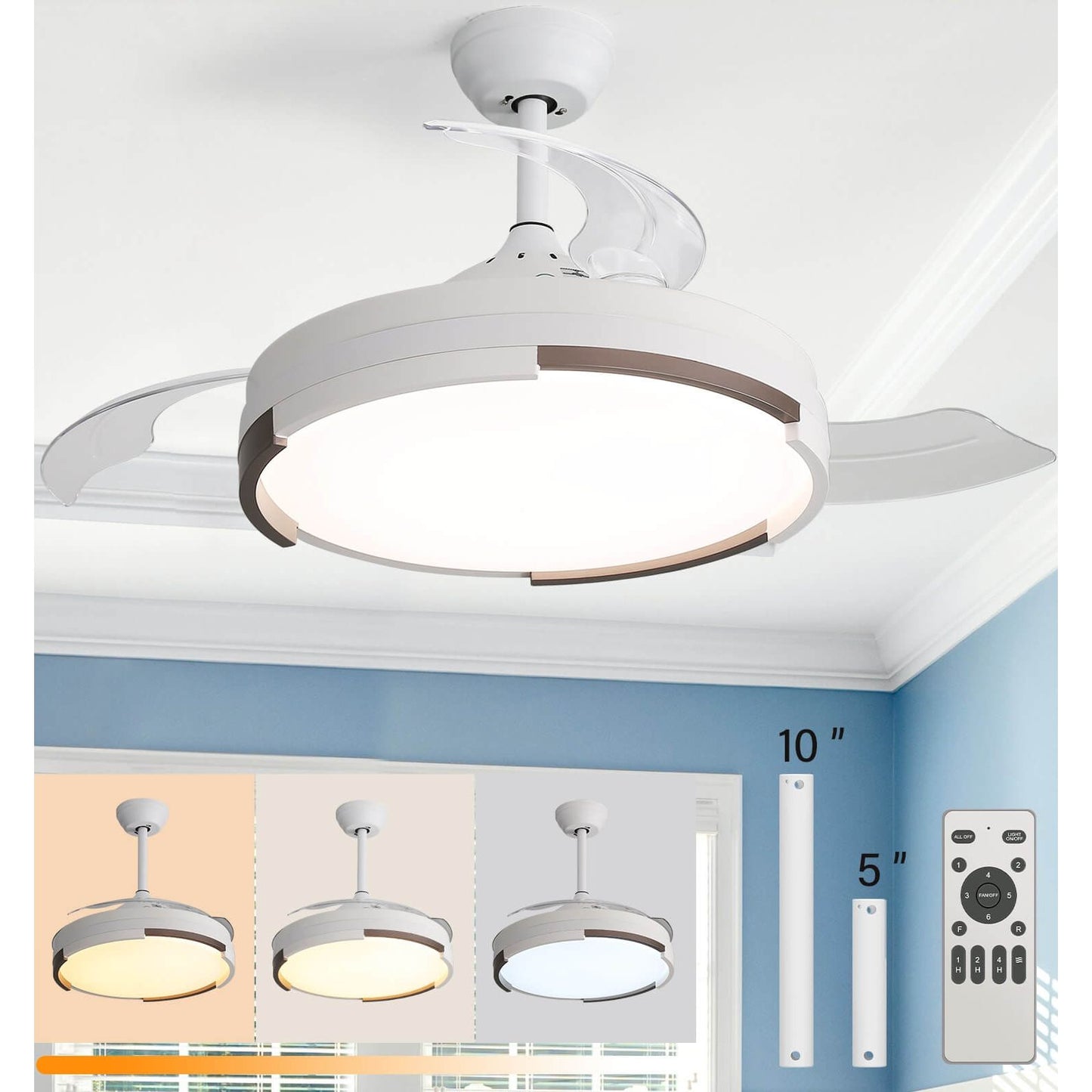 Sofucor 42 Inch Retractable-Blades Ceiling Fan With LED Light Remote Control