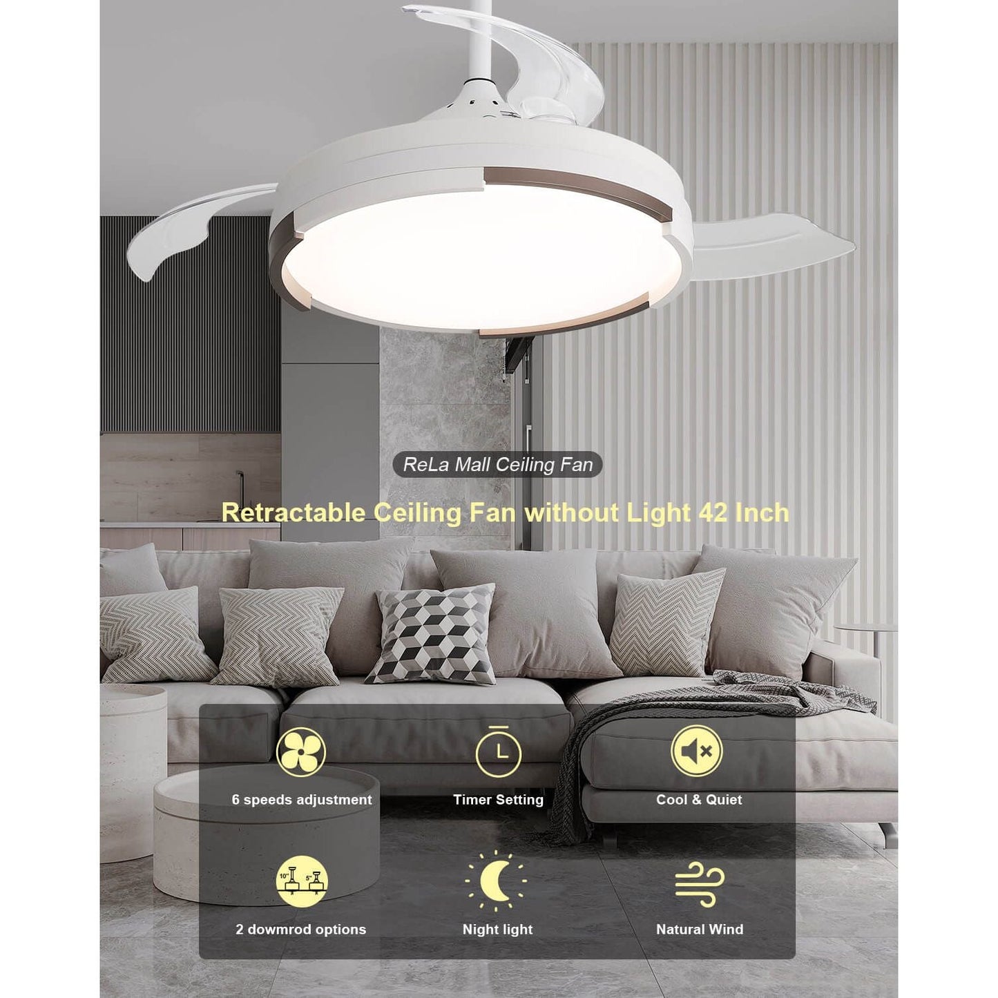 Sofucor 42 Inch Retractable-Blades Ceiling Fan With LED Light Remote Control