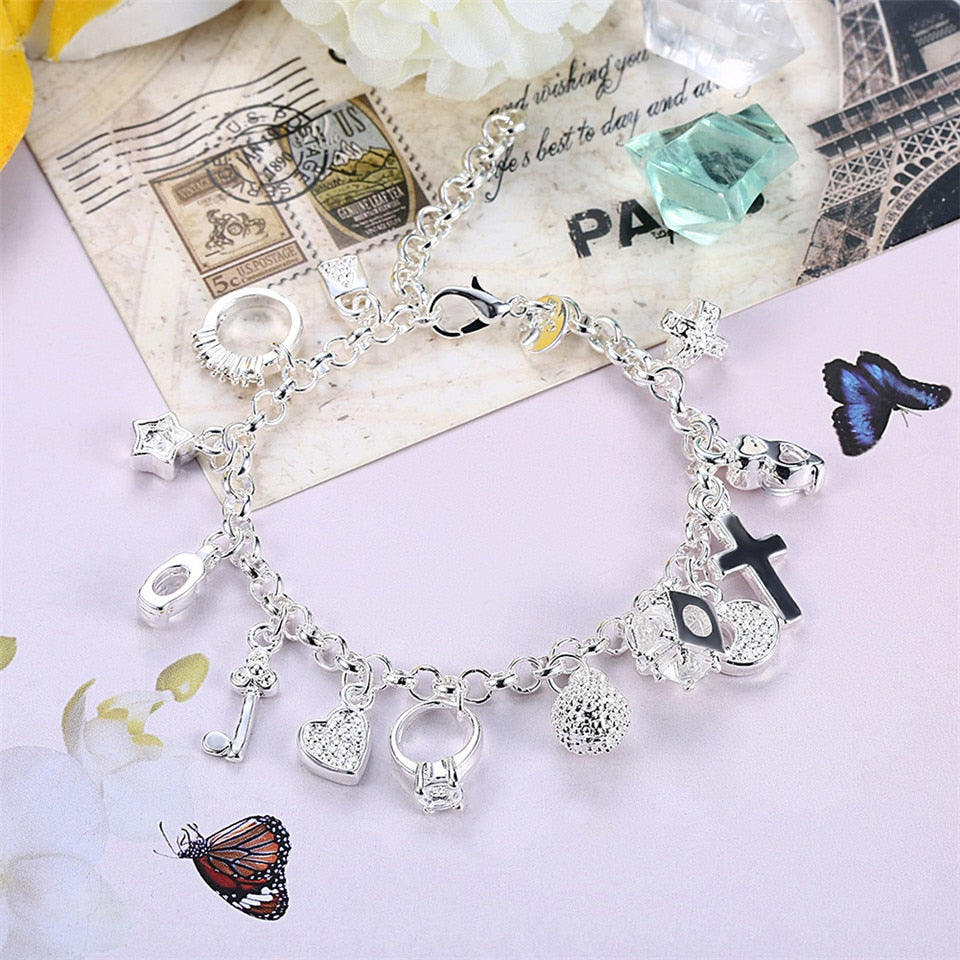Silver Color Bracelets For Women Jewelry Wristband Multi Charms Bracelet Wedding Party Gift