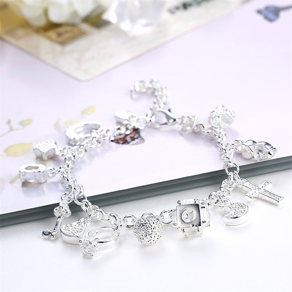 Silver Color Bracelets For Women Jewelry Wristband Multi Charms Bracelet Wedding Party Gift